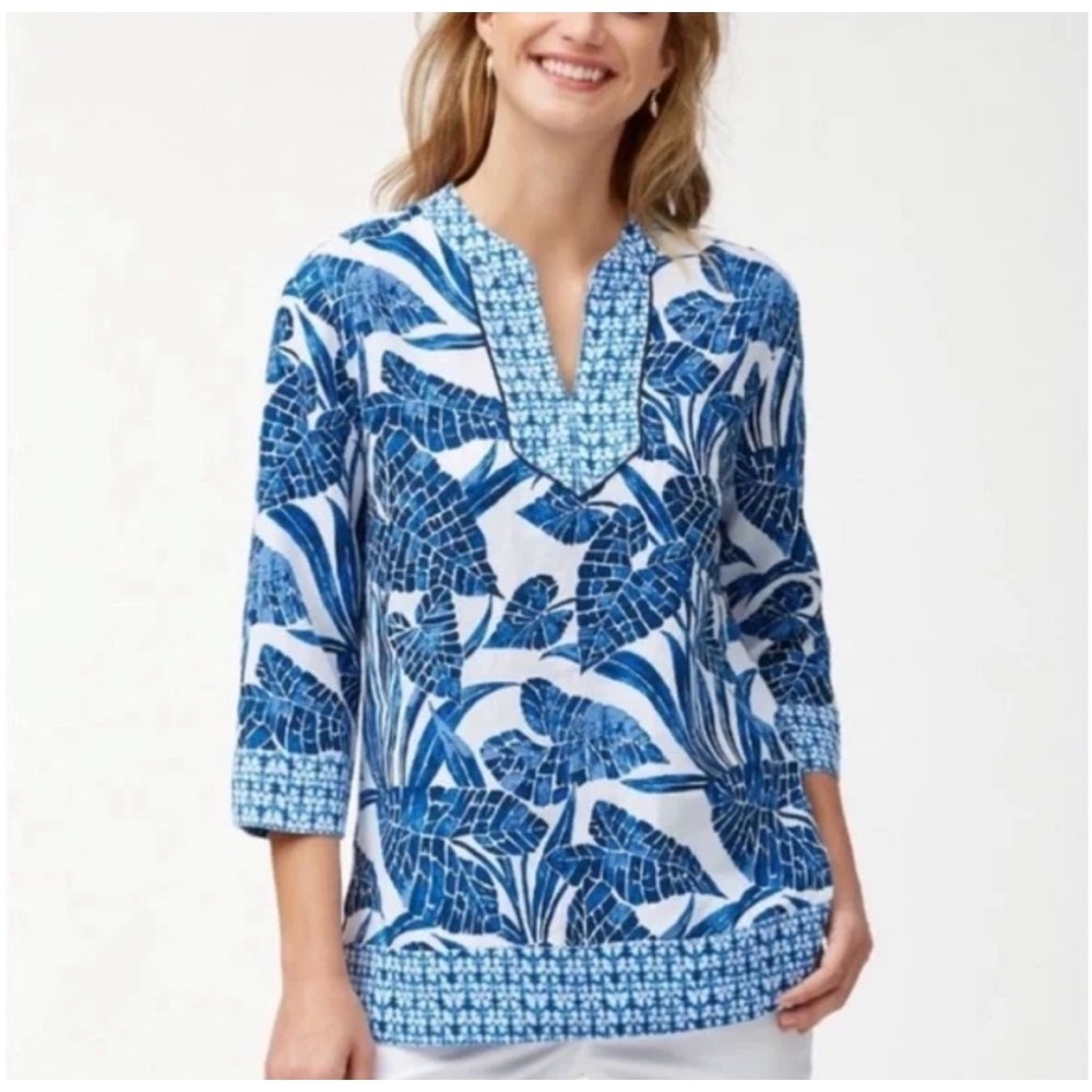 Tommy Bahama Blue White Tropical Leaf Print 100% Linen Tunic Top XS